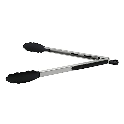 Fackelmann Multi-Purpose Kitchen Tongs PBT Length 35cm, Heat Resistant to 220C, Non-Stick Cookware Safe, Locking Mechanism, Dishwasher Safe, Silver & Black