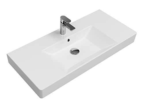 Aqua Bagno | Universal Waschbecken mit Ablage, modernes Keramikwaschbecken in Weiß, hängendes Waschbecken 100 cm breit
