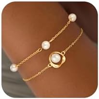 Gold Pearl Bracelets for Women Trendy, Dainty 18K Gold Plated Pearl Heart Daisy Circle Beaded Bracelet Stack Beach Summer Jewelry Bracelets Cute Wedding Bridesmaid Bridal Jewelry Gifts