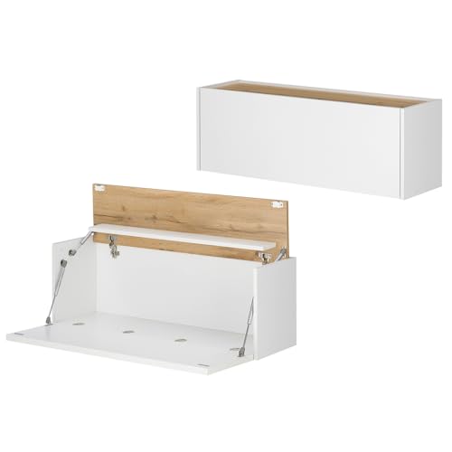 Lomadox Wohnwand mit Homeoffice-Lösung weiß mit Eiche 4-teilig modern, 1 Wandpaneel mit Beleuchtung, 1 TV-Hängeschrank, 1 Hängeschrank, 1 Hängesekretär – Bild 4