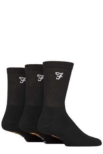 Farah Mens Crew Socks Classic Leisure Performance Sports Gym Ribbed Cushioned 3 Pairs - Black 6-11