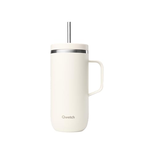 QWETCH - Cold Cup 600ml avec Poignée et Paille - 24h Glacé &amp; 12h Froid - Sable - Gourde Isotherme en Inox, Sans BPA, Tasse Thermo Café
