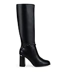 BOSANOVA Botas Altas de tacón para Mujer con Detalle metálico en la caña y Suela de Punta Redonda con tacón Efecto Madera. Cierre con Cremallera. Calzado para Mujer Negro 37
