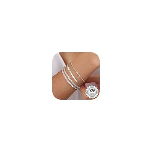 Image of CASSIECA 3Pcs Sterling Silver Bracelets for Women, Dainty Ladies Silver Bracelets Set Adjustable Link Chain Bracelet Stackable Beaded Herringbone Silver-Pieces Bracelet for Womens Jewellery Set 5