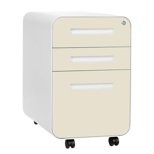 Laura Davidson Furniture Stockpile 3 Drawer File Cabinet with Lock - Under Office Desk Metal Filing Cabinet, Legal/Letter File Folders, Wheels and Stationary Feet, Pre-Assembled, Ivory