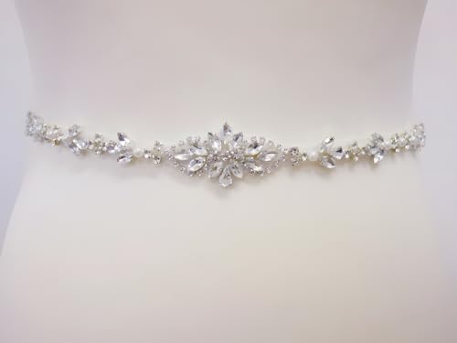 Thin Bridal Belt with Pearls Rhinestones Shiny Crystal Bridesmaid Beads Sash for Wedding Gown3