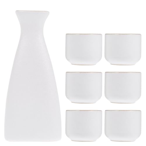 DRESSOOS Juego de 7 Piezas de Copas de Sake de Cerámica en Tonos Claros Vintage, Tazas para Servir Sake Estilo Japonés, Set de 1 Tetera Triangular y 6 Tazas para Entretenimiento en Hogar