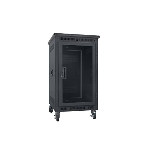 Lowell LPR-1427PGT LPR Series 14U x 27 Inches Deep Portable AV Rack with Plexiglass Door; Solid Steel Top with Overhanging Laminate Top; Solid Steel Base with 4 Heavy Duty Swivel Casters