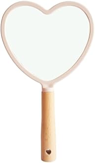SVS ONLINE Single-Sided Portable Travel Handheld Vanity Mirror with Hanging Hole in Handle Hand Mirror with Comfy Handle for Makeup,Small Cute Wood Hand Mirror (Heart Mirror)