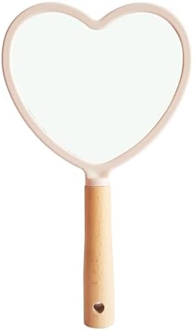 Heart‑Shape Wood‑Handle Handheld Mirror – 25 × 13 cm Travel Makeup Mirror with Hanging Hole (Colour May Vary) (1, Heart)
