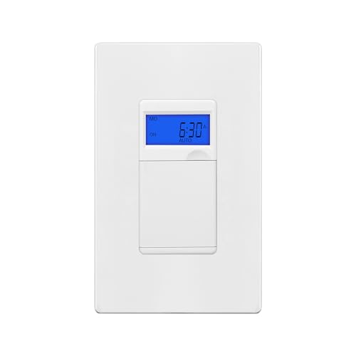 TG 7 Days Digital in-Wall Programmable Timer Switch for Lights, Fans, and Motors, Single Pole, Neutral Wire Required, 18 ON/Off Timer Settings, with Blue Backlight, White