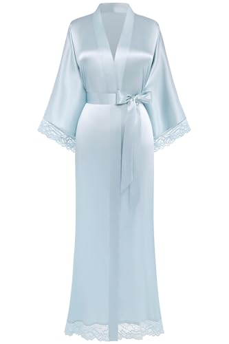 BABEYOND Bata larga corta para mujer, albornoz de color liso, manga de encaje, vestido de satén de seda, kimono de mujer, bata de verano, bata de color puro, azul claro, Talla única