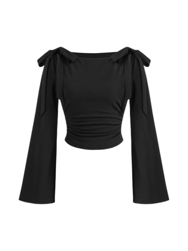 CIDER Crop Tops for Women Boat Neck Bowknot Long...