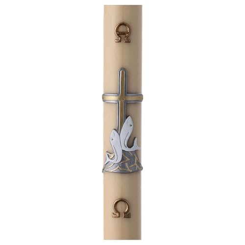 Beeswax Paschal Candle with Fishes Over Golden Cross, 3x47 in