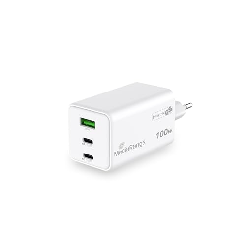 MediaRange GaN snellaadadapter van 100 W, EU-stekker, 2 x USB-C en 1 x USB-A, ondersteunt USB-C® Power Delivery en Quick Charge™, wit