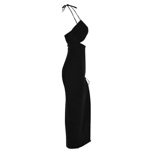 Image of Women Sexy Ruched High Split Bodycon Maxi Dress Sleeveless Hollow Out Halter Party Cocktail Long Dress