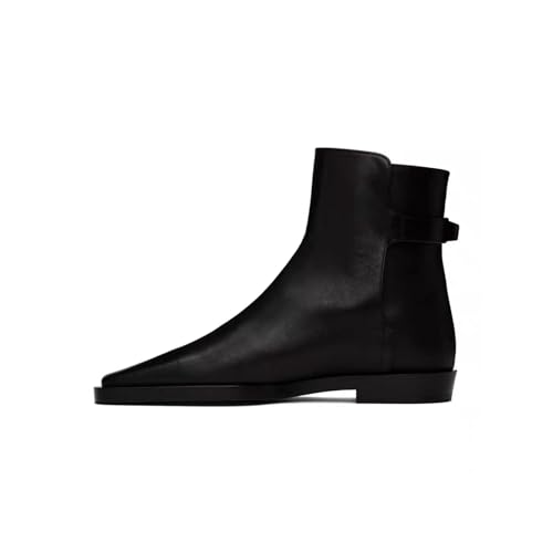 Women'S Black Flat Simple Ankle Boots With Zipper Retro Square Toe Buckle Decoration Non-Slip Work Date Casual Short Boots4