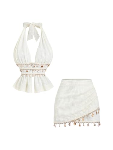 GORGLITTER Women's 2 Piece Sets Fringe Crochet Seashell Halter Backless Crop Top and Wrap Mini Skirt East Coast Outfits Apricot Medium
