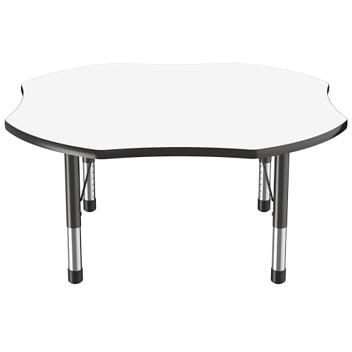 Image of FDP Dry-Erase Clover Activity School and Classroom Kids Table (48 x 48 inch), Chunky Toddler Legs for Collaborative Spaces, Adjustable Height 15-24 inches - Whiteboard Top and Black Edge