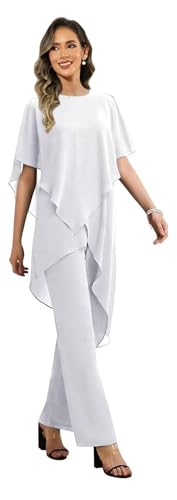 2 Pieces Mother of The Bride Pant Suits for Women Short Sleeve Grandmother Dresses Tiered Chiffon Wedding Guest Outfits