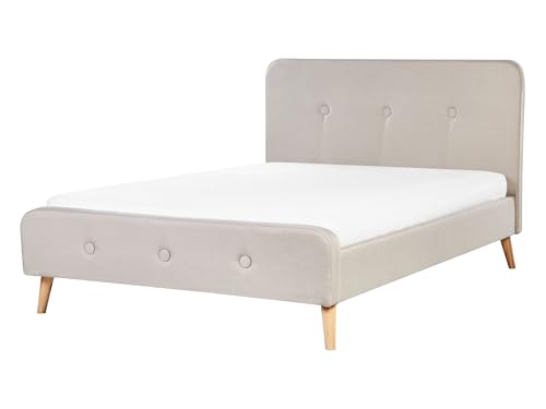 Cama tapizada en tela beige 140 x 200 cm con somier patas de madera diseño moderno Rennes