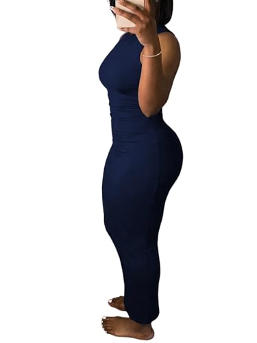 Image of Ulovmi Women's Maxi Bodycon Summer Dress Long Formal Ruched Sundress Elegant Casual Tank Sleeveless Dress Party Cocktail