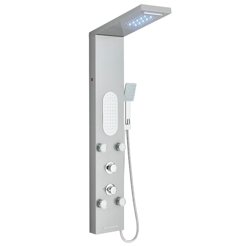 LLFFSSDG Columna de Ducha con Torre LED 5 Modos (Lluvia/Cascada/Masaje), Panel con Pantalla LCD Táctil Grifo y Cabezal de Mano Acero Inoxidable Negro