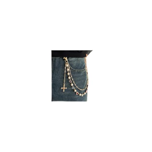 Layered Daisy Pearl Wallet Chain Rhinestone Flower Heart Cross Bag Charms Keychain Pants Jean Chains for Women Men (gold cross chain heart)