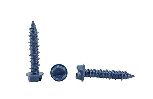 Masonry Concrete Screws, 1/4 x 2-3/4, Indent Hex Washer Head, Slotted, Blue Ruspert Finish (Pack of 100)