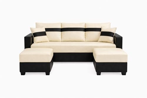 Image of SOCOZI Bastian 5 Seater L Shape Sofa Set with 2 Movable Ottomans | Flexible Layout | Premium Leatherette with Golden Metal Legs |Sofa for Living Room (Cream-Black) | Breathable Material