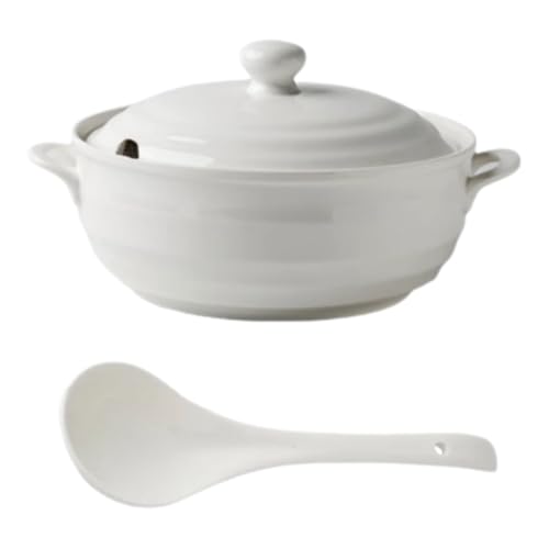 Peakjune Juego de Sopa con Tapas y cucharón,Juego De Soperas De Porcelana Blanca con Tapas,Tureen de cerámica con Tapas y Juego de cucharón,for decoración de Restaurante,hogar y Cocina.