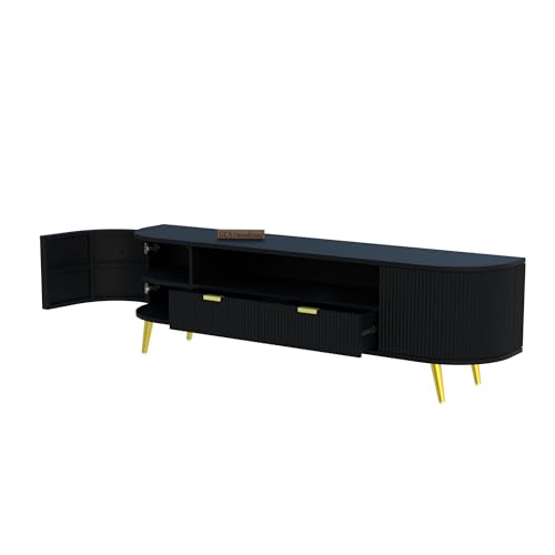 Image of 60L x 16W x 22H Inches Solid Wood TV Unit for Living Room | Modern Black TV Stand for 55-65 Inch TV | Free Standing Entertainment Cabinet with 2 Drawers & 5 Shelves
