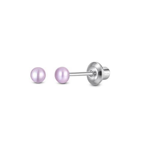 Pearl Screw Back Stud Earrings for Baby Toddler Girls | Hypoallergenic 925 Sterling Silver Screwback Safety Earrings | Simulated Pearl Studs for Sensitive Ears | Keepsake Gift for Birthdays Holidays Special Occasions (Purple 3mm- Small)