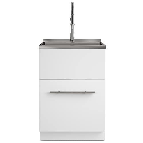Image of SIMPLIHOME Metro 24 inch Wide Stainless Steel Sink Laundry Cabinet in White