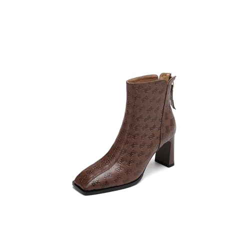 TinaCus Embossed Genuine Leather Women's Square Toe Handmade Block Heels Zip Up Ankle Boots