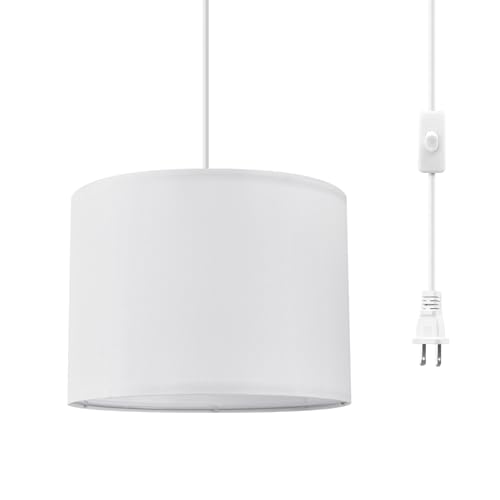 KUAUGST Plug in Pendant Light, 15 FT Hanging Lamp with Plug in Cord, On/Off Switch, Pendant Lighting with Fabric Shade, Hanging Light Fixture for Living Room, Bedroom, Dining Room, Kitchen (White)