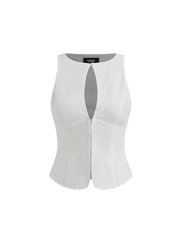 CIDER Shirts for Women Sleeveless Tank Top Linen Blend Crew Neck Cut Out Solid Regular Fit Woven Lined