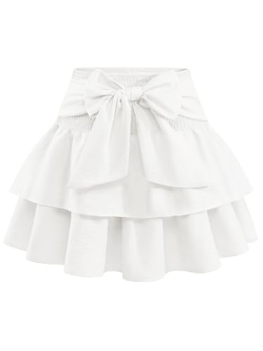 Timormode Minigonna da donna con fiocco a vita alta con orlo a volant gonne corte carino a strati gonna skater, bianco, L