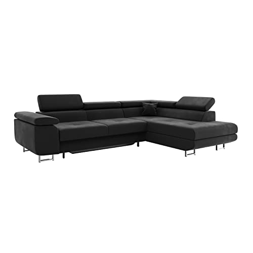 MEBLINI Schlafcouch mit Bettkasten - Ecksofa mit Schlaffunktion - Sofa mit Relaxfunktion und Kopfstützen - Couch L-Form - Eckcouch - Wohnlandschaft - Carl - 272x202x63cm Rechts - Schwarz Samt