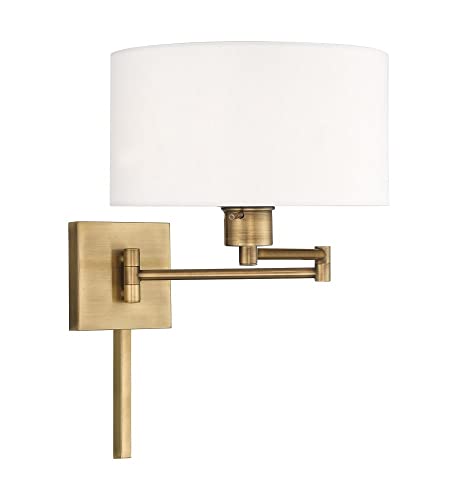 Image of Livex Lighting 40036-01 1-Light Swing Arm Wall Light, Antique Brass | Off-White Fabric Shade