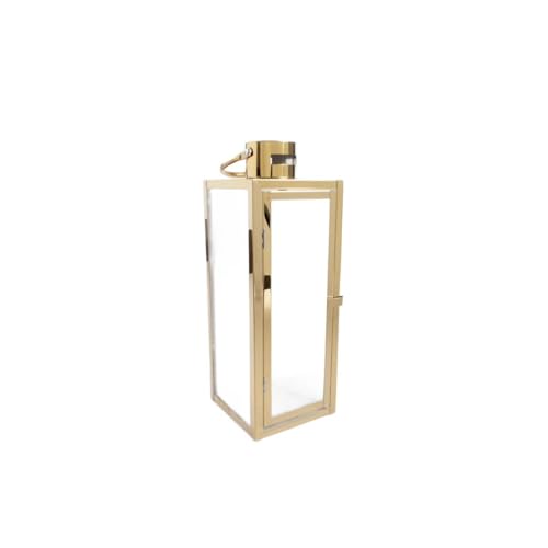 HOMLA Tondo Gold Laterne mit Gestreiftem Glas 14x14x39 cm, Elegantes Design für Innen & Außen