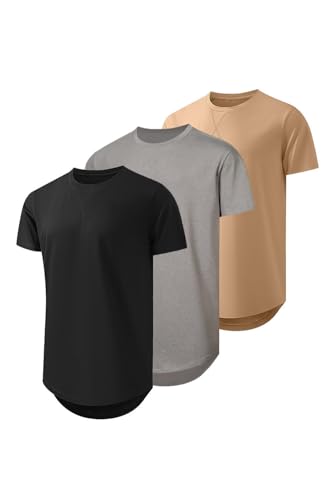 JMIERR Men's 3 Pack Cotton Hipster Hip Hop Longline Crewneck T-Shirt, Short Sleeve Gym Workout Athletic T Shirts for Men Pack,XL, Black/Dark Grey/Khaki