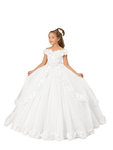 Chyrbaby Applique Flower Girl Dress - Off Shoulder Girls Pageant Dresses for Teens First Communion Dress White 10