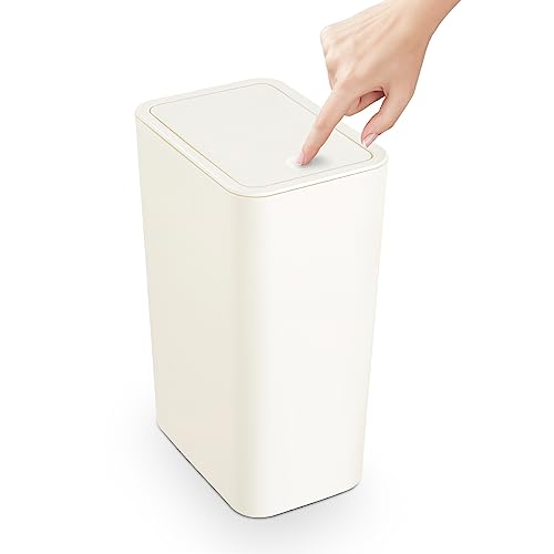 TrashAid Bathroom Trash Can with Lid, 2.6 Gallon / 10 Liter Small Garbage Can with Press Top Lid, Plastic Wastebasket with Pop-up Lid for Toilet, Office, Bedroom, Living Room, White