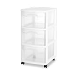 3 Drawer Medium Cart, Clear Plastic Storage with Wheels, White, 14 x 12 x 24 Inches, Rolling Organizer for Bedroom, Bathroom, Kitchen