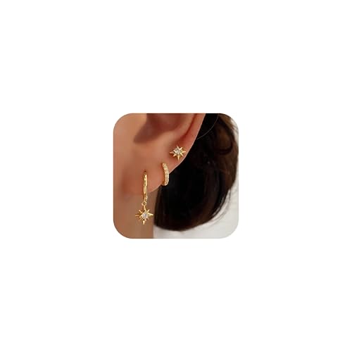 Ewrkbr Star Earrings for Women 14k Gold Plated Cute Star Hoop Earrings Dainty Earring Stack Hypoallergenic Small Stars Studs Earring Waterproof Jewelry for Women
