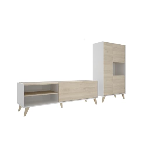 Mobelcenter, Mueble de Salón Ness Plus, Mueble TV y Aparador Bufet Comedor, Acabado Color Blanco y Natural, Medidas: Ancho: 236 cm x Fondo: 43 cm x Alto: 135 cm (P0043)