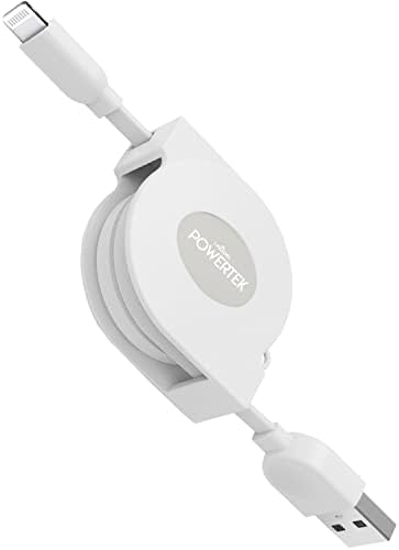LIQUIPEL Powertek Retractable MFi Certified Charger Compatible for Apple iPhone, iPad, 3ft Cable, Lightning to USB Cable Cord, Fast Charging Lightning Cable (White)