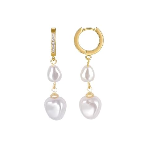 Gold Pearl Earrings for Women,14 K Gold Dangle Pearl Earrings,Gold Double Pearl Drop Earrings,12mm Helix Huggie Hoop Pack Ear loops (Gold Pearl Earrings 1) Cover