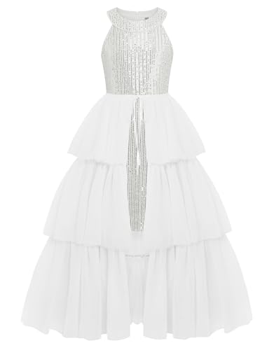 Pageant Dresses for Girls Sequin Formal Girls Party Dress Flower Birthday Party Princess Wedding Dresses Size 14 Silver